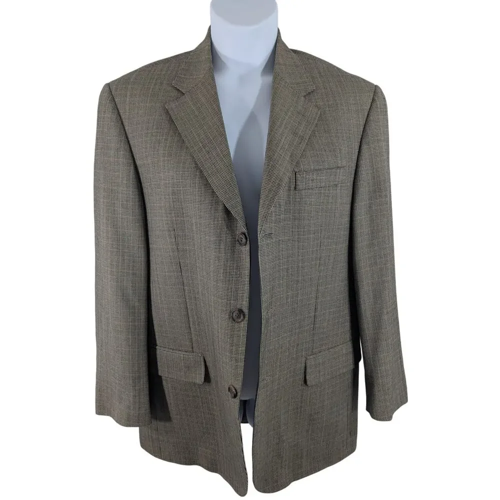 CHAPS! BLACK, CREAM & TAN GOLD MICROPLAID 100% FINE WOOL JACKET, BLAZER! SZ 40R